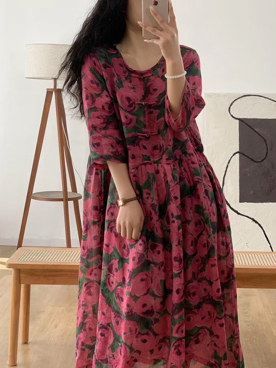 Robe d'été vintage en lin à boucle florale pour femme AA1007