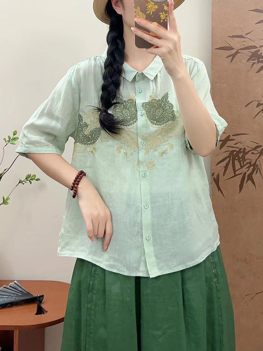 Women Summer Vintage Flower Embroidery Ramie Shirt AA1034