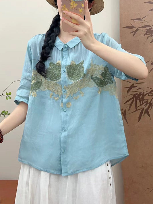 Women Summer Vintage Flower Embroidery Ramie Shirt AA1034