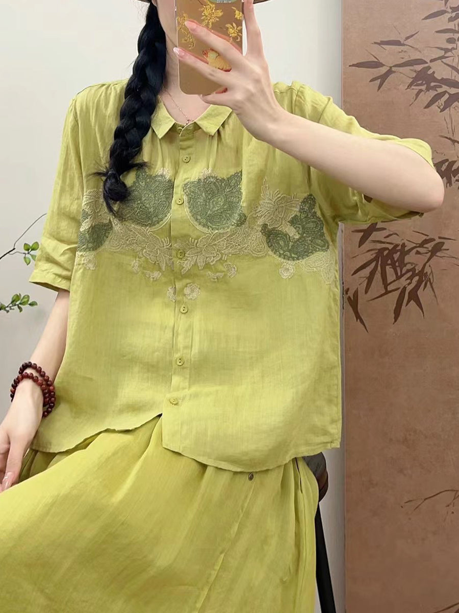 Women Summer Vintage Flower Embroidery Ramie Shirt AA1034