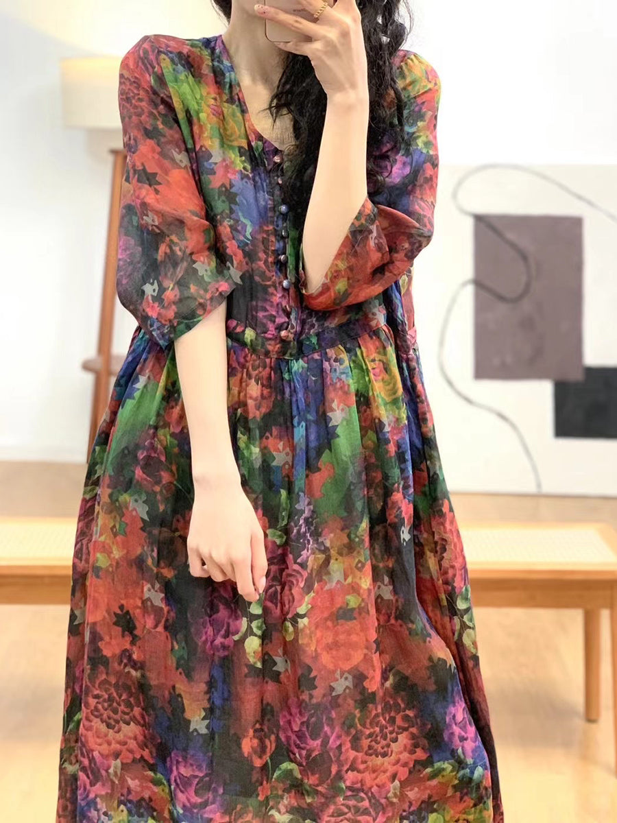 Robe d'été à col en V et motif floral artistique pour femme AA1036