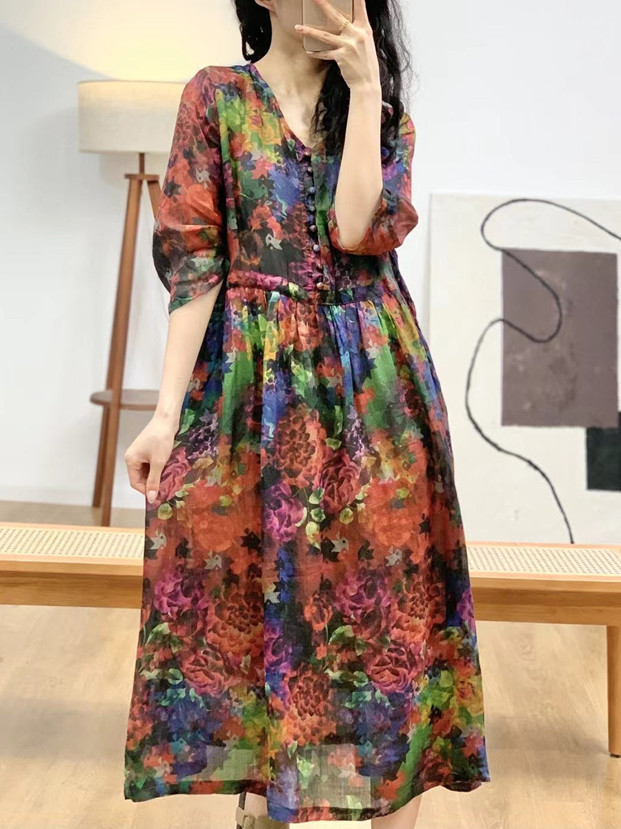 Robe d'été à col en V et motif floral artistique pour femme AA1036