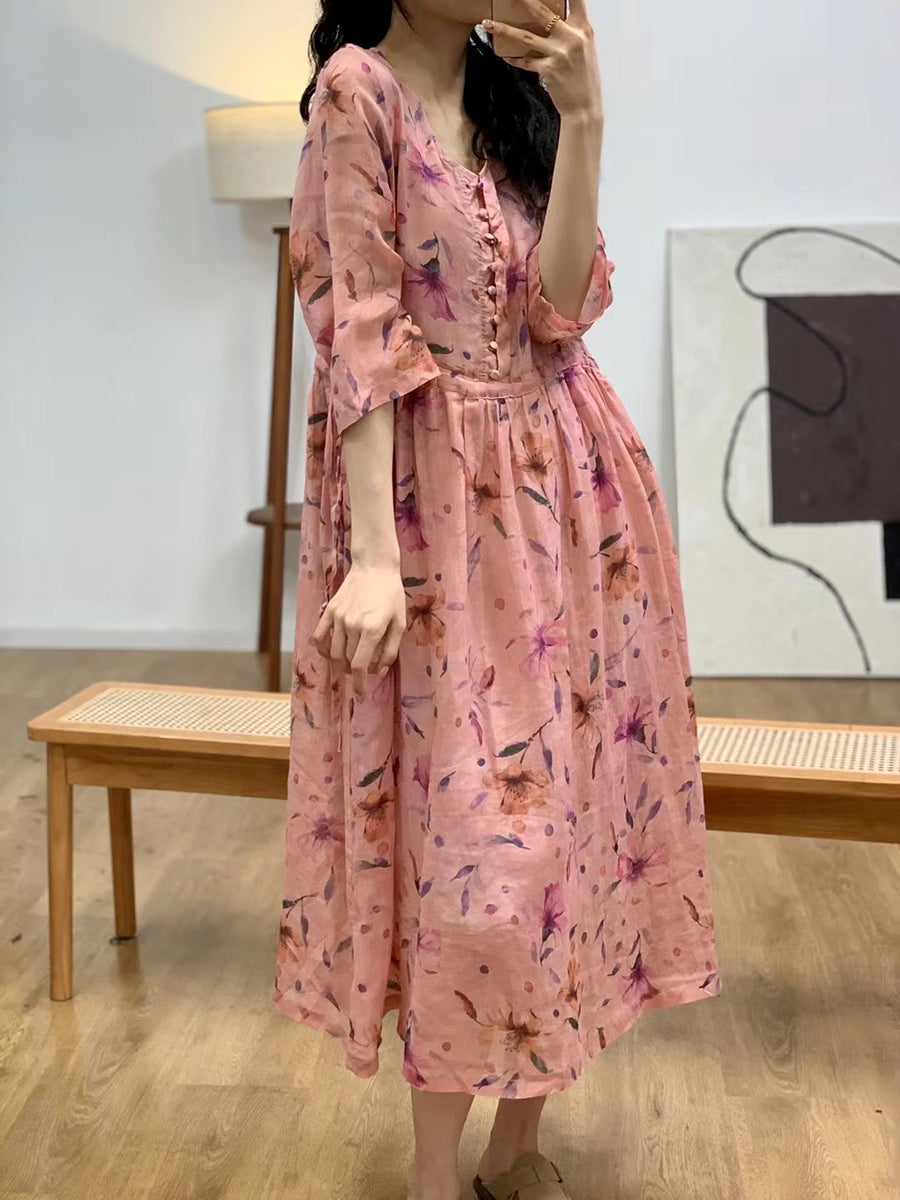 Robe d'été à col en V et motif floral artistique pour femme AA1036