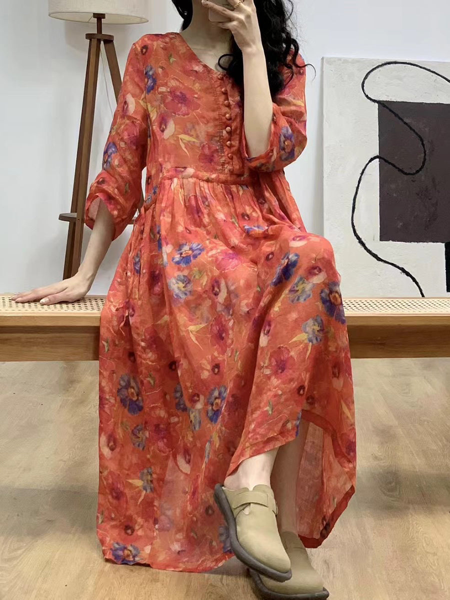 Robe d'été à col en V et motif floral artistique pour femme AA1036