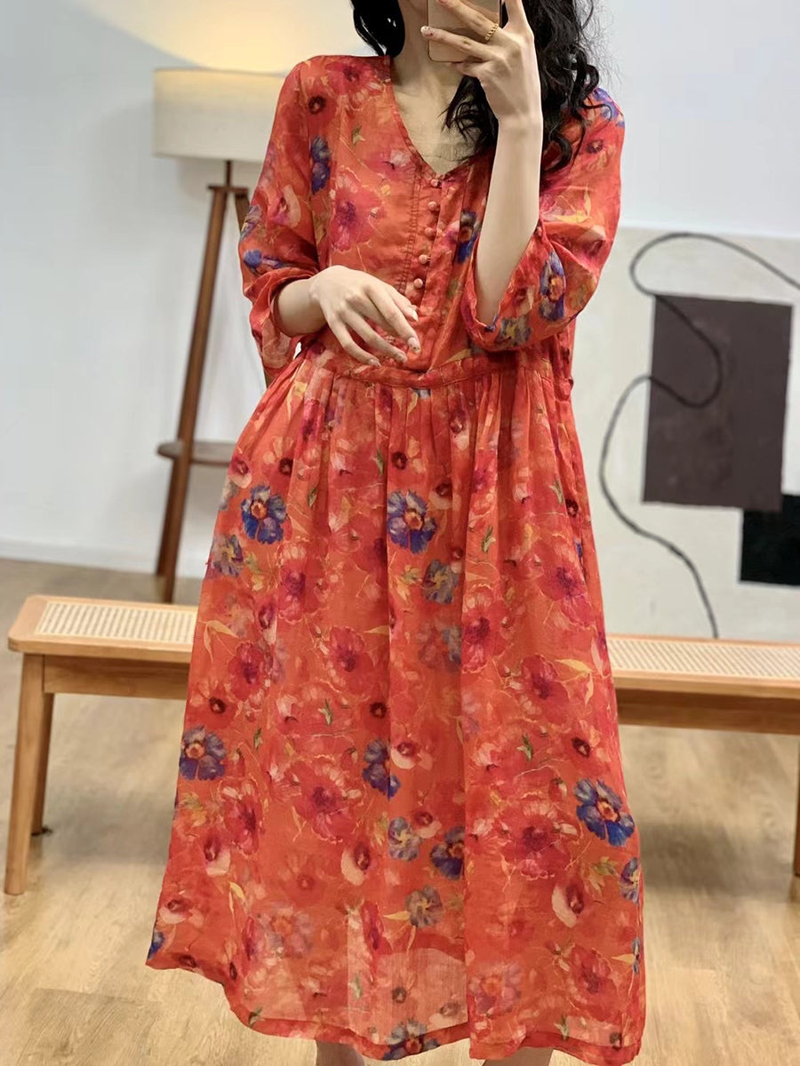 Robe d'été à col en V et motif floral artistique pour femme AA1036