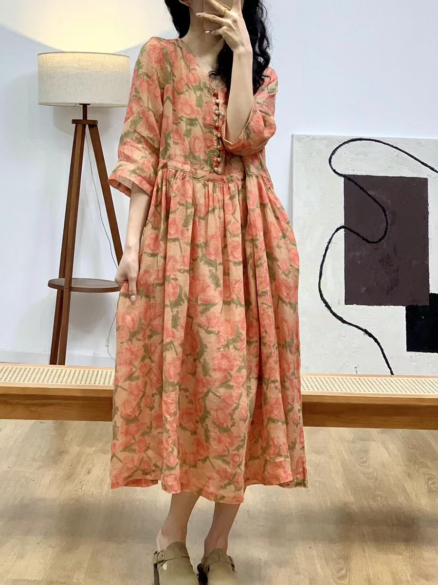 Robe d'été à col en V et motif floral artistique pour femme AA1036