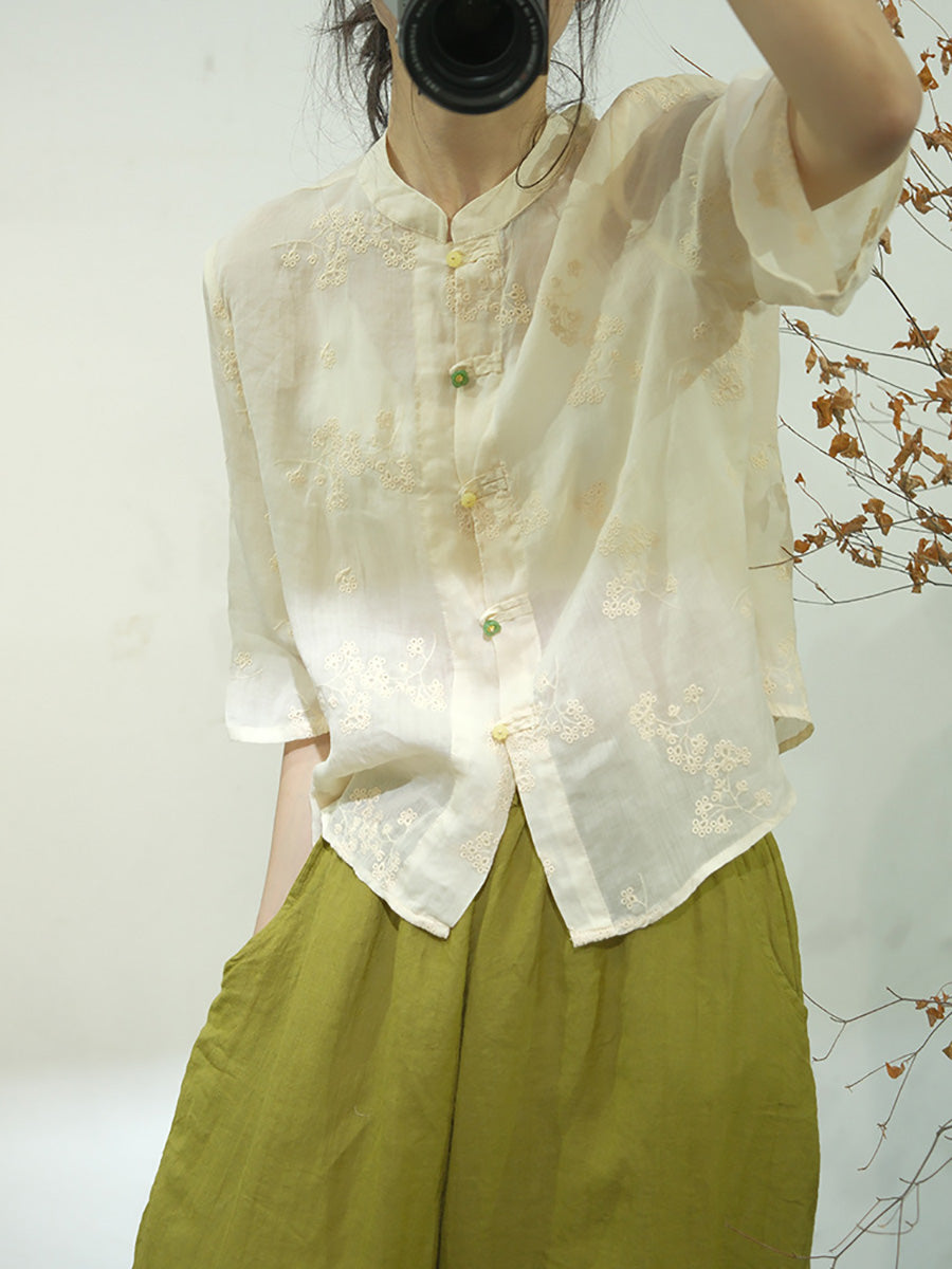 Women Ethnic Solid Embroidery Button-up Linen Shirt AA1051
