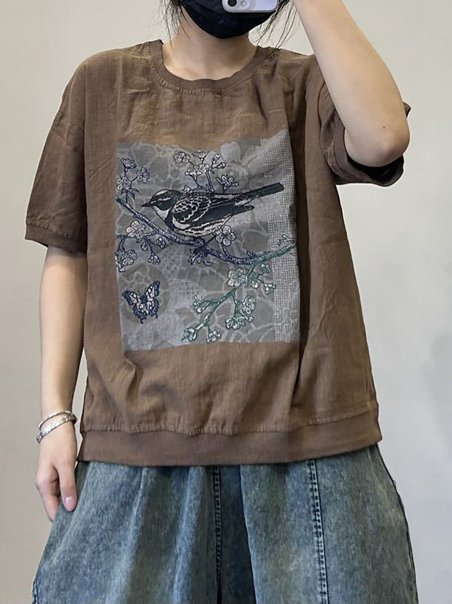 Women Casual Summer Bird Spliced Cotton Shirt AA1052