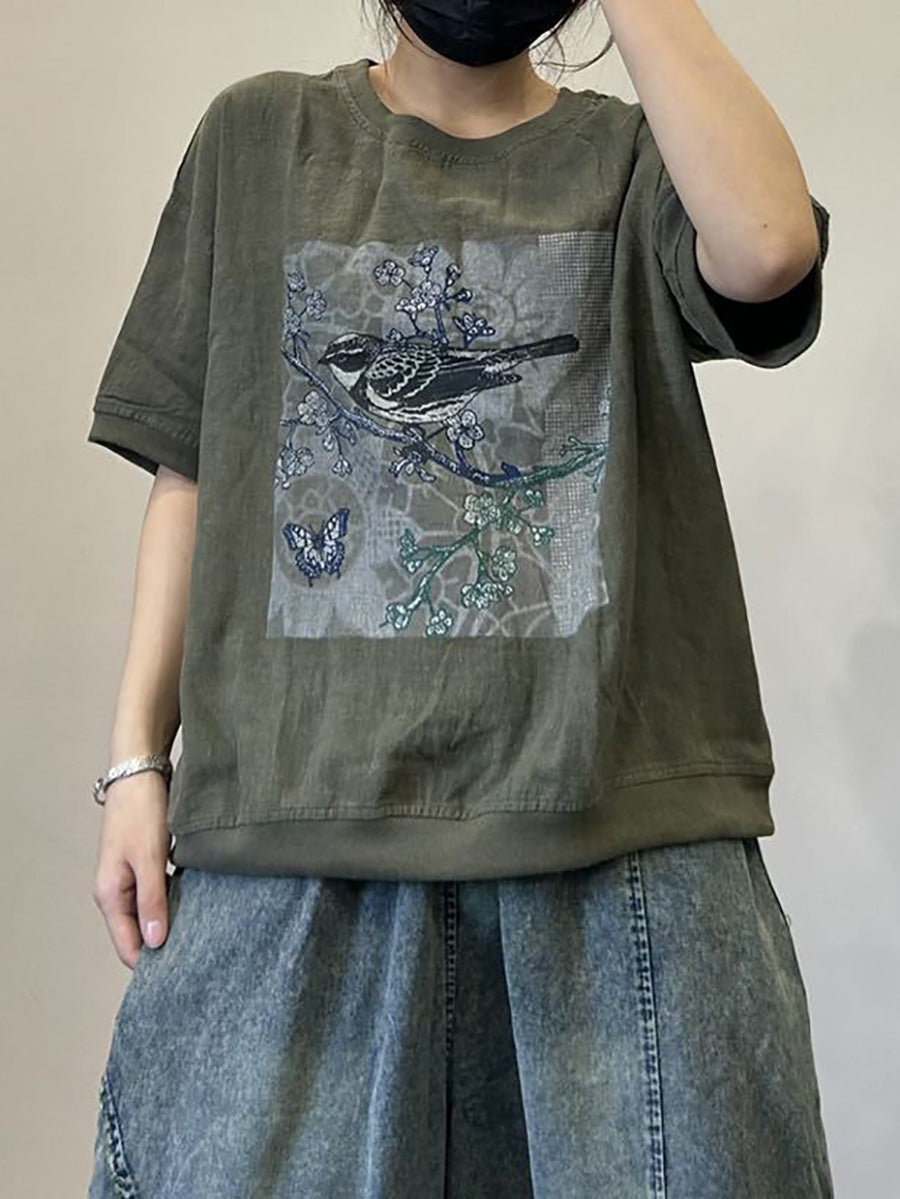Women Casual Summer Bird Spliced Cotton Shirt AA1052