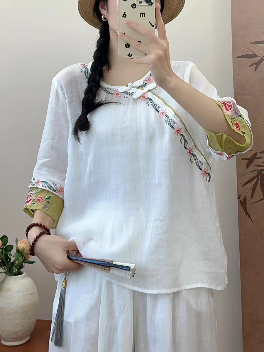 Women Summer Ethnic Embroidery Ramie Shirt QW1033