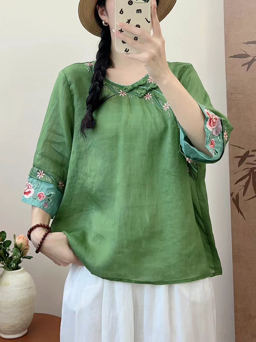 Women Summer Ethnic Embroidery Ramie Shirt QW1033