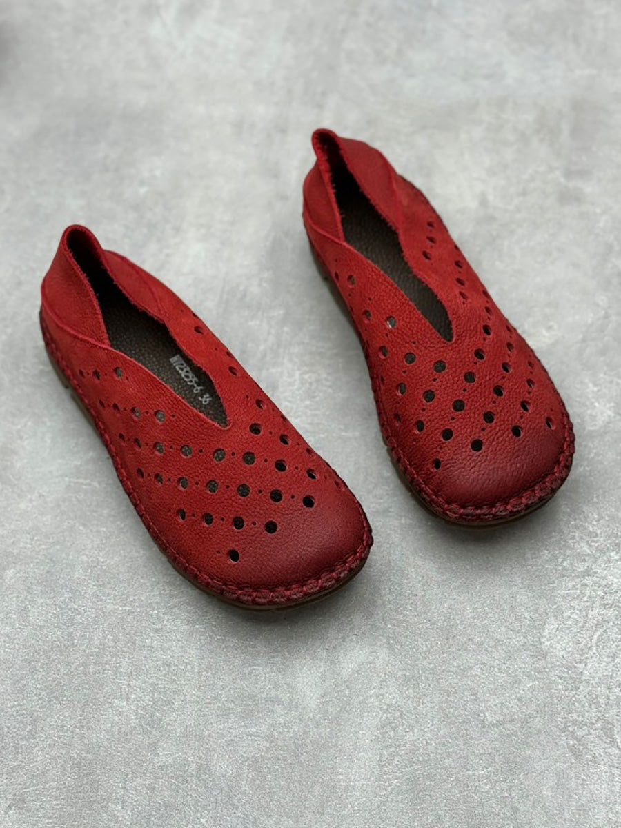 Women Summer Vintage Leather Cutout Flat Shoes QW1051