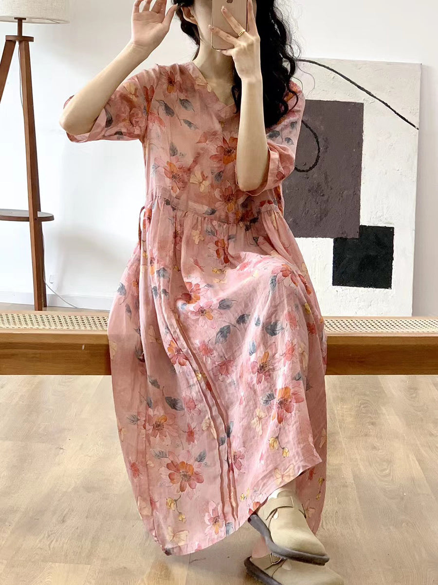 Women Summer Artsy Floral V-Neck Linen Dress QW1023