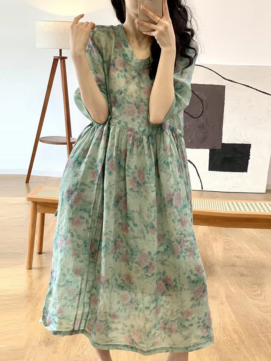 Women Summer Artsy Floral V-Neck Linen Dress QW1023