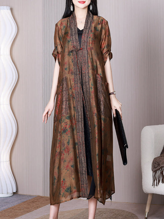 Women Summer Retro Floral Spliced Silk Long Shirt Coat QW1009