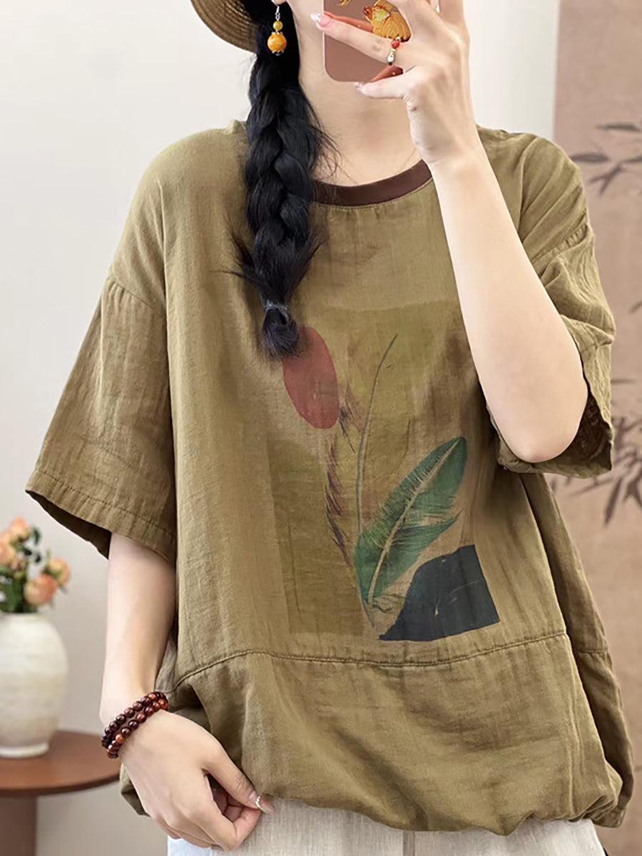 Women Summer Cotton Summer Feather Print Shirt QW1010