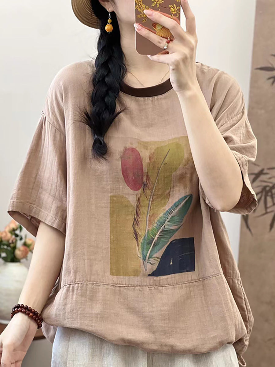 Women Summer Cotton Summer Feather Print Shirt QW1010