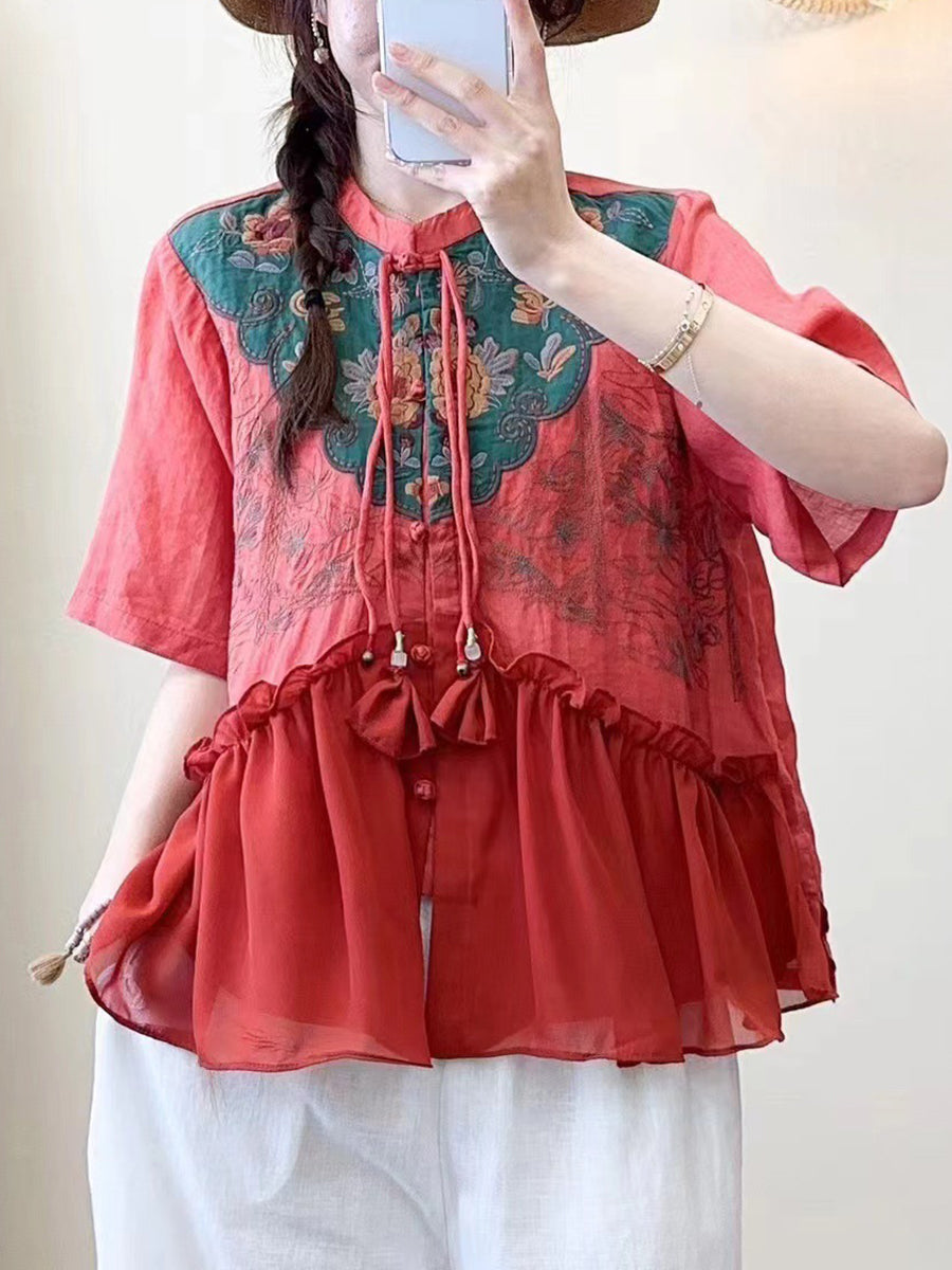 Women Summer Ethnic Embroidery Jacquard Shirt QW1012