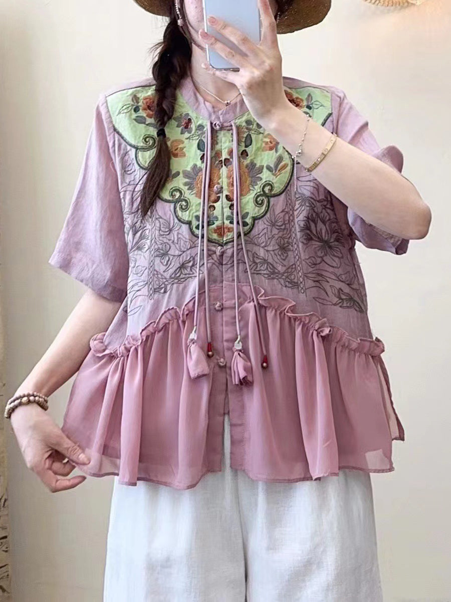 Women Summer Ethnic Embroidery Jacquard Shirt QW1012