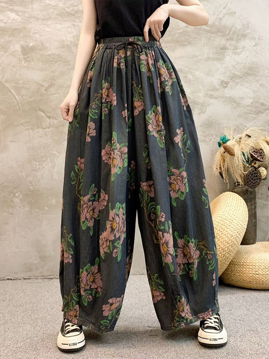 Women Summer Casual Flower Denim Wide-leg Pants QW1013