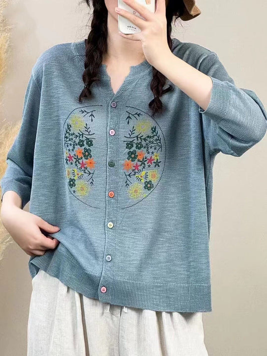 Women Spring Floral Embroidery Button-up Shirt QW1025