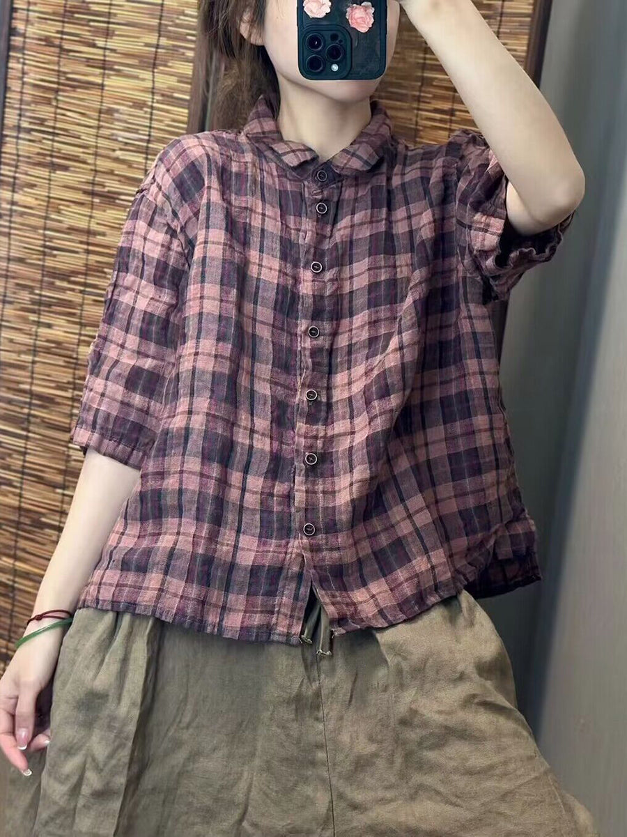 Women Summer Vintage Plaid Linen Button-up Shirt WE1045