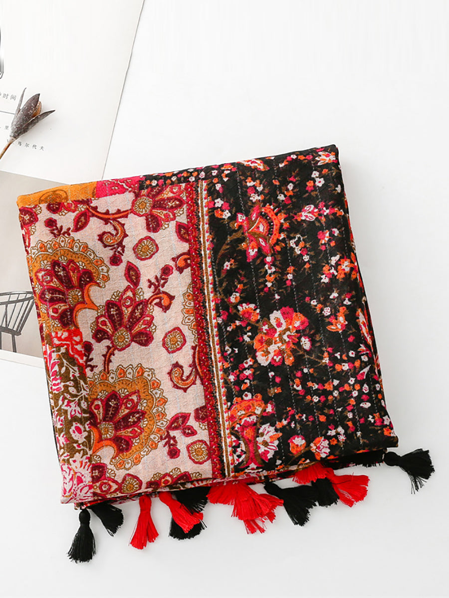 Women Summer Ethnic Flower Spliced Tassel Scarf WE1014