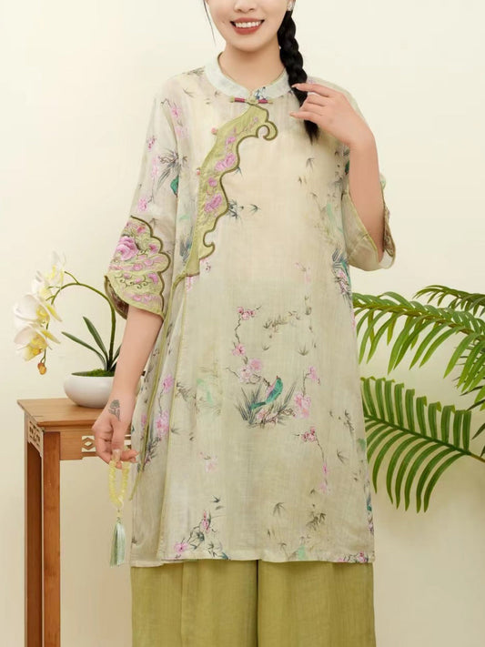 Chemise d'été en ramie à broderies ethniques florales pour femmes WE1015