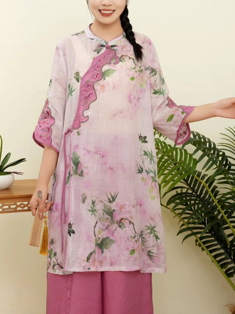 Women Summer Floral Ethnic Embroidery Ramie Shirt WE1015