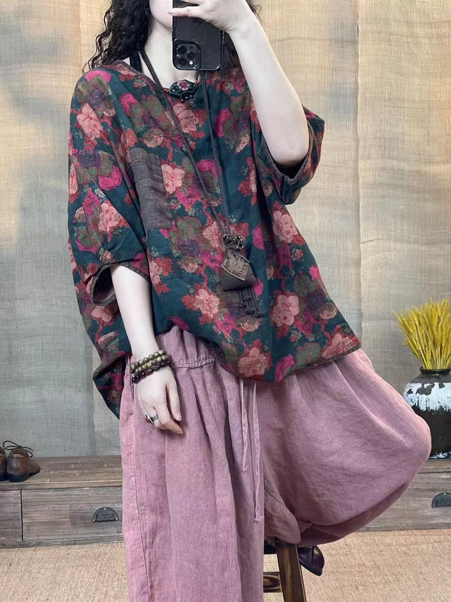 Women Summer Vintage Flower Print Linen Shirt WE1018