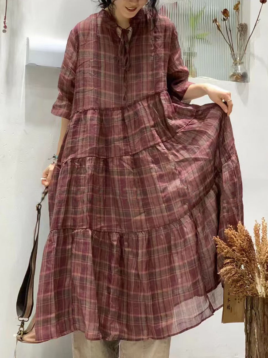Women Summer Vintage Plaid Spliced Strap Ramie Dress WE1023