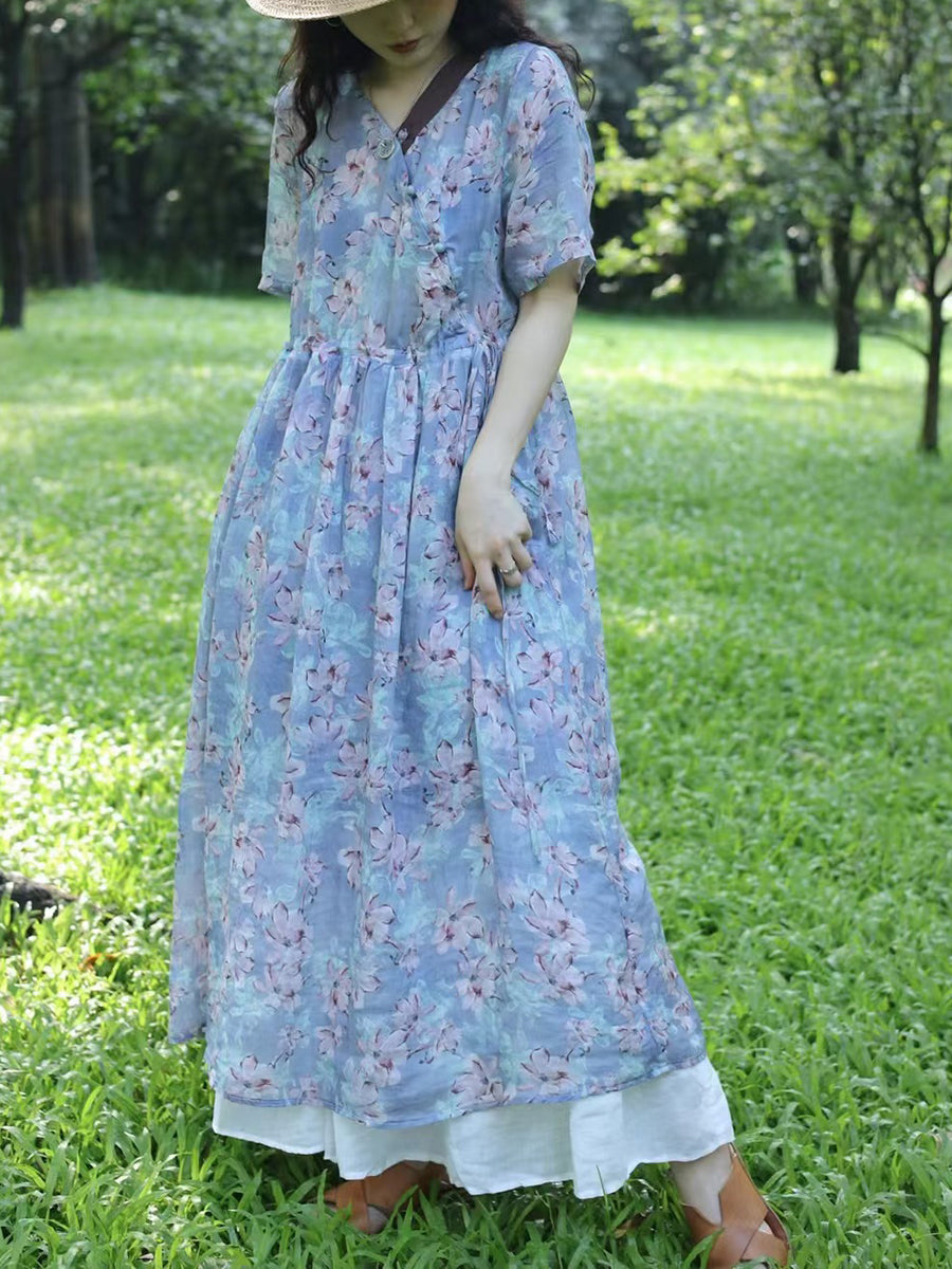 Women Summer Vintage Flower Spliced Ramie Strap Dress WE1024