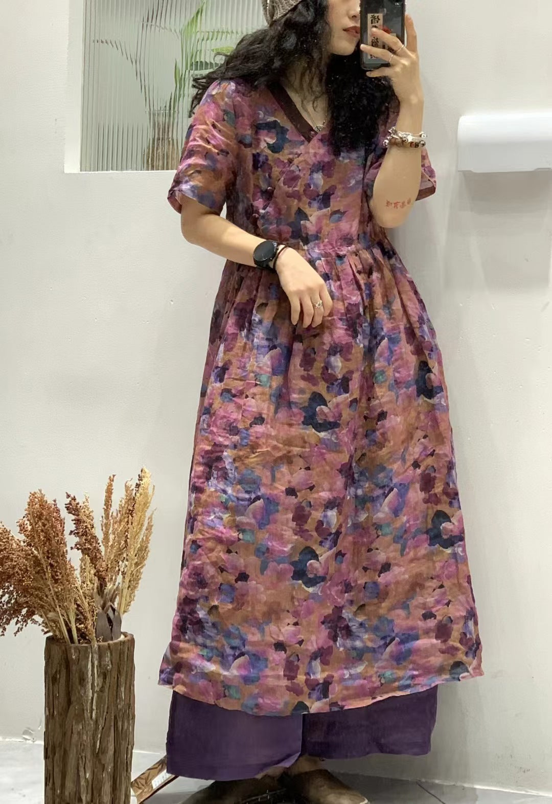 Women Summer Vintage Flower Spliced Ramie Strap Dress WE1024