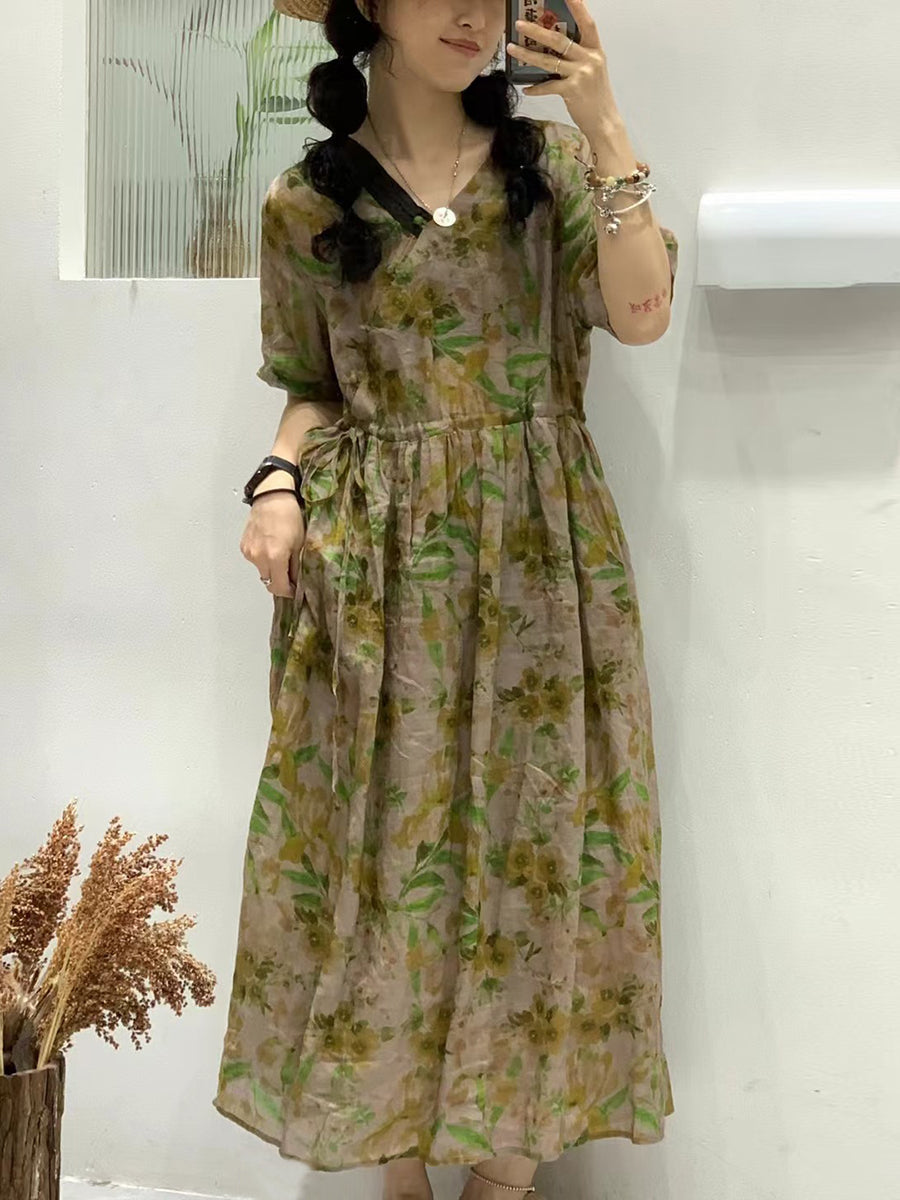 Women Summer Vintage Flower Spliced Ramie Strap Dress WE1024