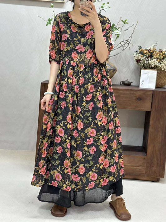 Women Summer Artsy Floral Loose Ramie Dress TY1034