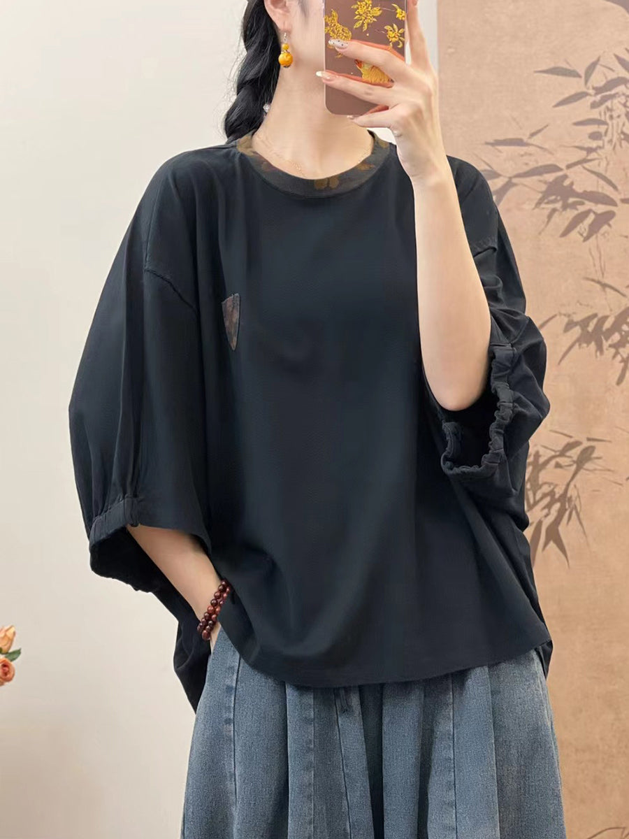 Women Summer Loose Spliced Cotton Pullover Shirt TY1050