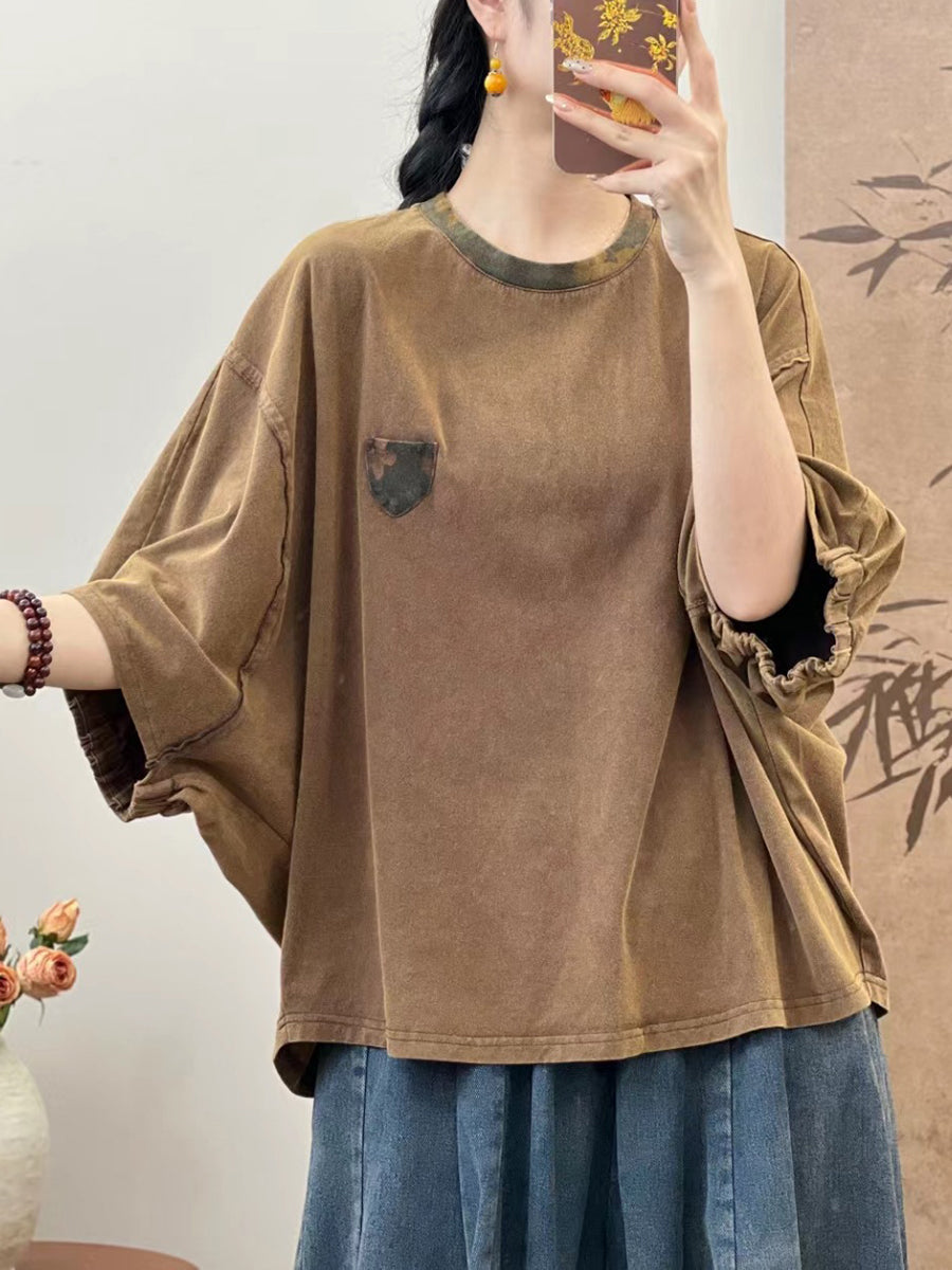 Women Summer Loose Spliced Cotton Pullover Shirt TY1050