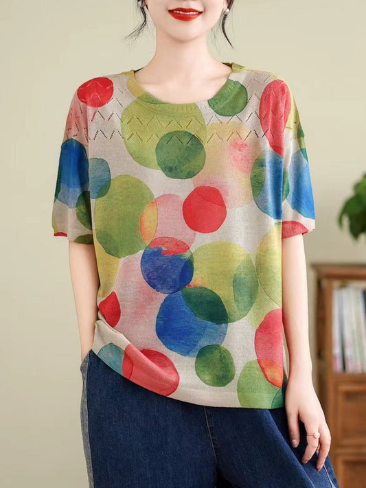 Women Summer Vintage Print Cutout O-Neck Shirt TY1047