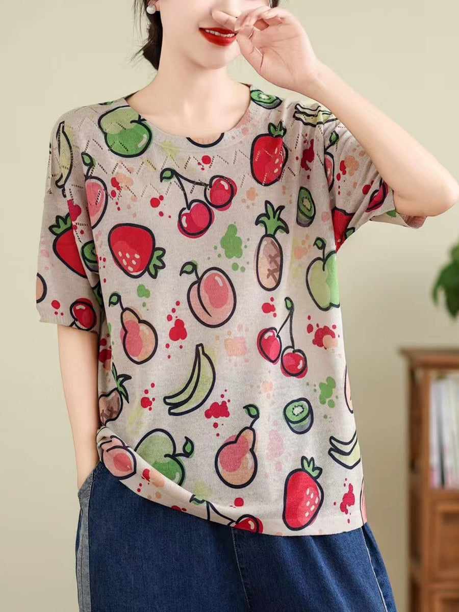 Women Summer Vintage Print Cutout O-Neck Shirt TY1047