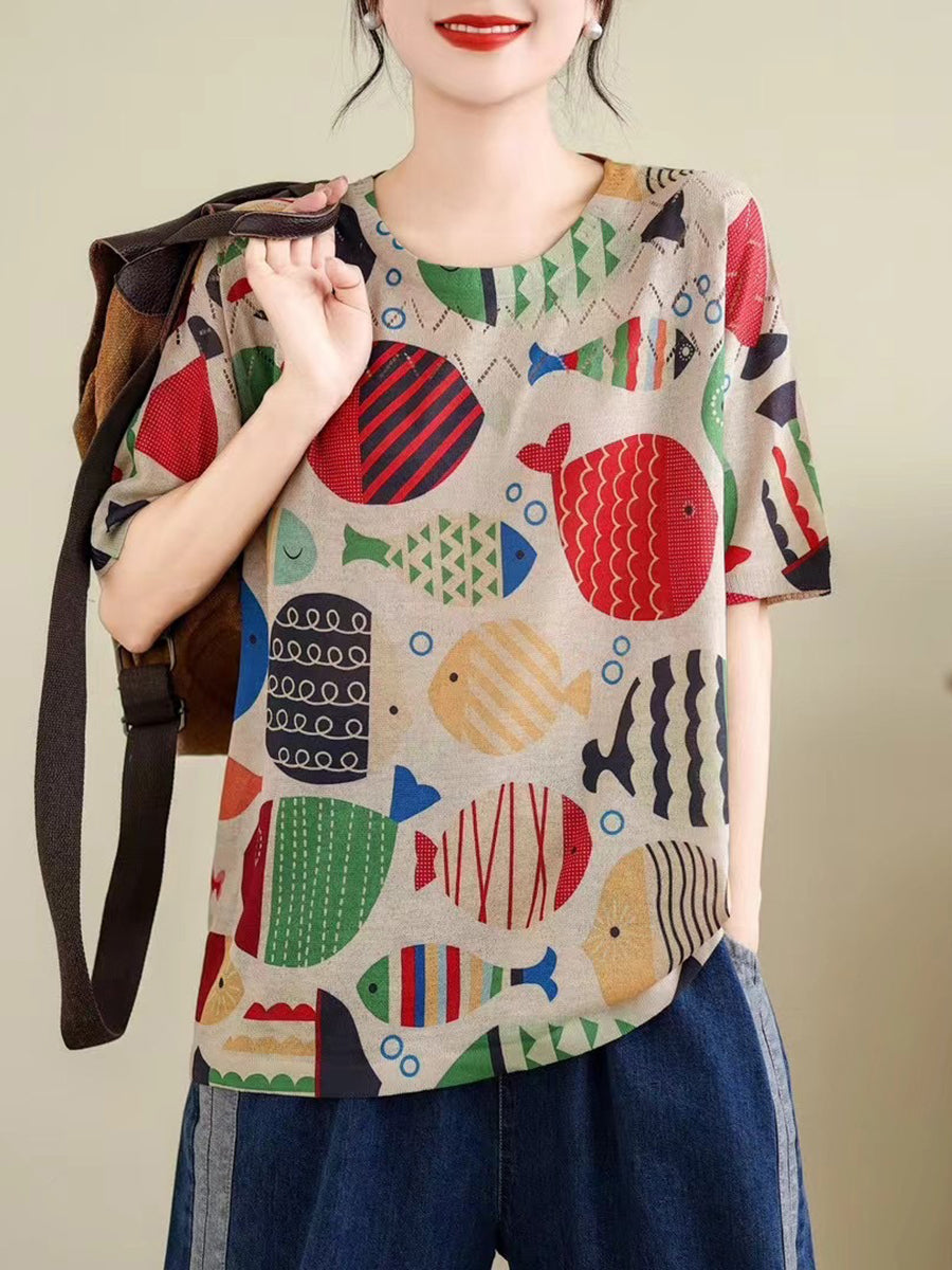 Women Summer Vintage Print Cutout O-Neck Shirt TY1047