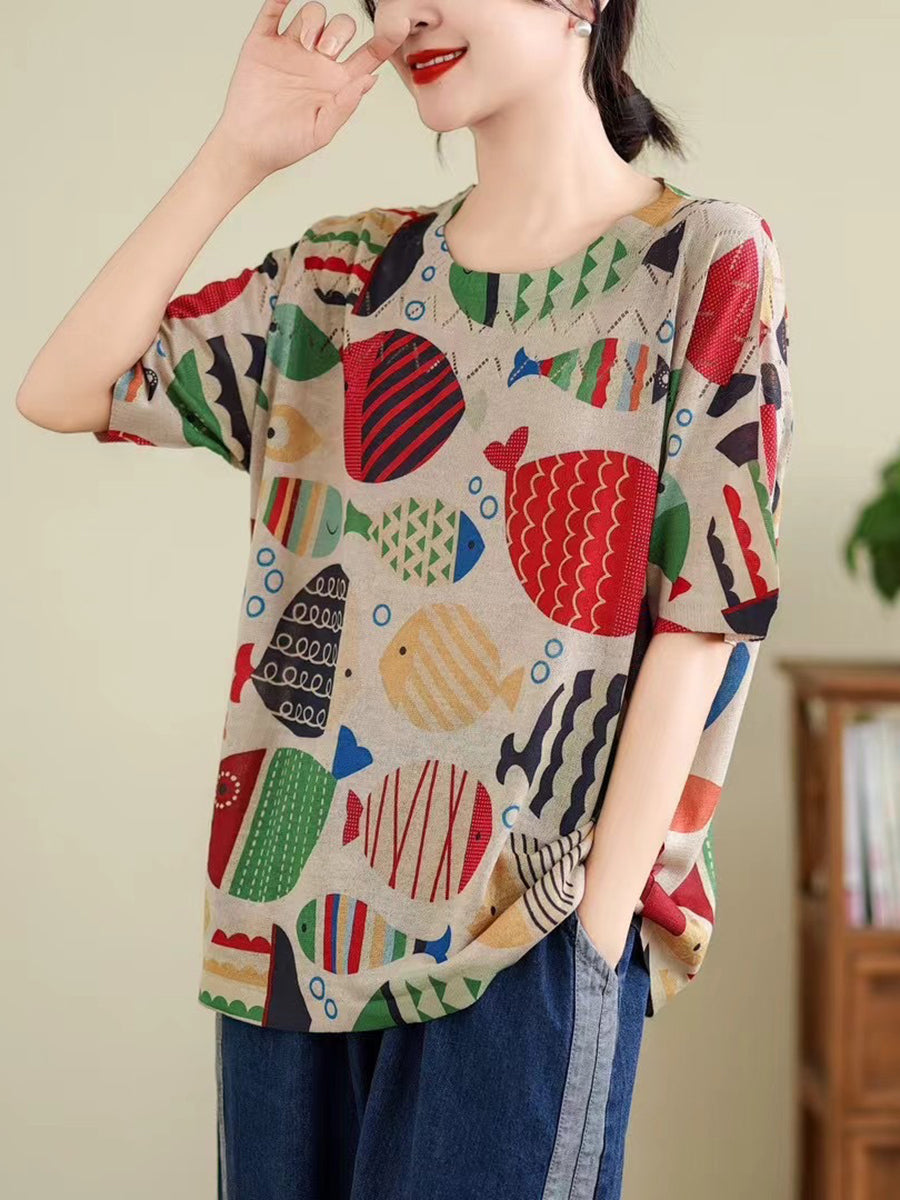 Women Summer Vintage Print Cutout O-Neck Shirt TY1047