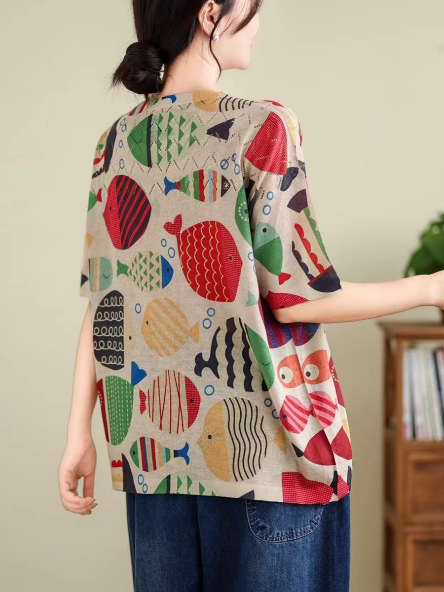 Women Summer Vintage Print Cutout O-Neck Shirt TY1047