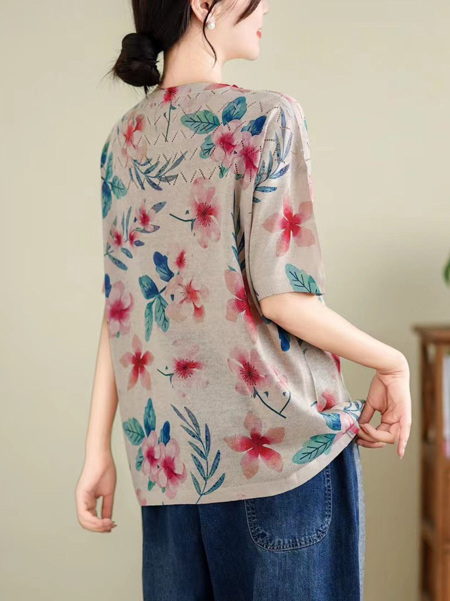 Women Summer Vintage Print Cutout O-Neck Shirt TY1047