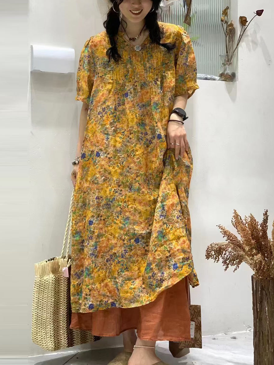 Women Vintage Summer Floral Shirred Ramie Dress TY1041