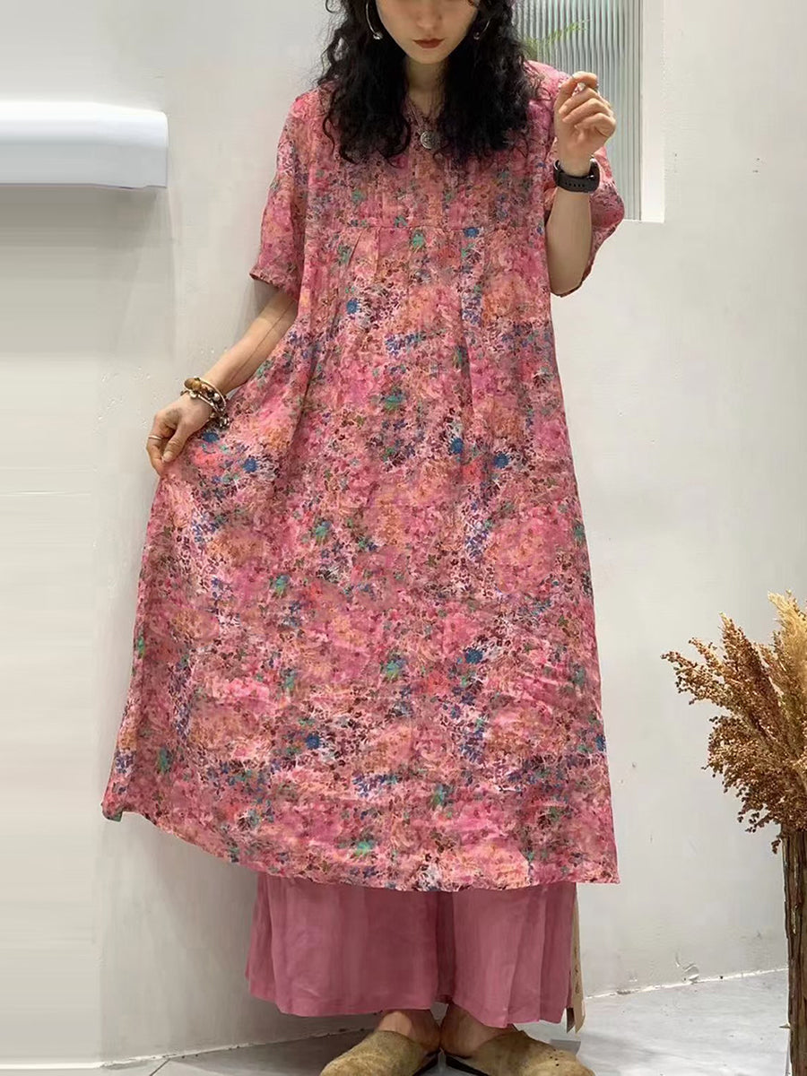 Women Vintage Summer Floral Shirred Ramie Dress TY1041