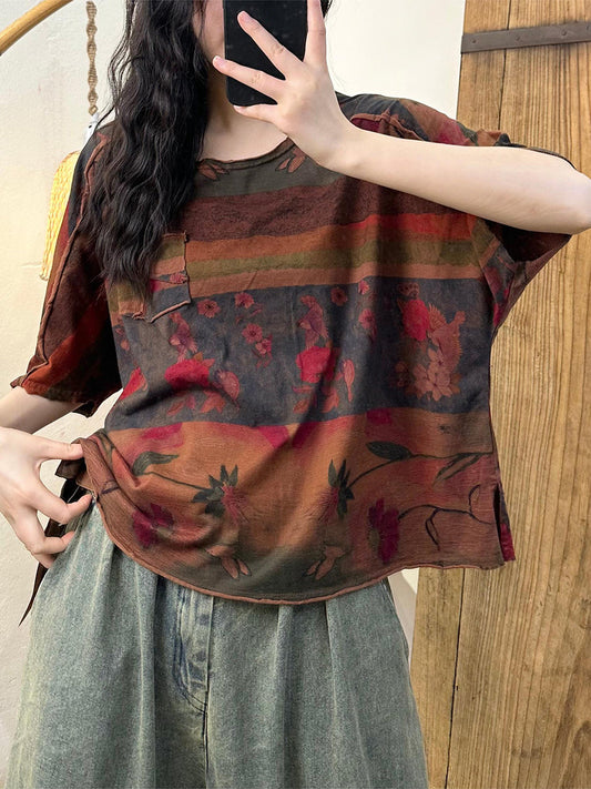 Women Summer Retro Flower Spliced Cotton Shirt TY1001