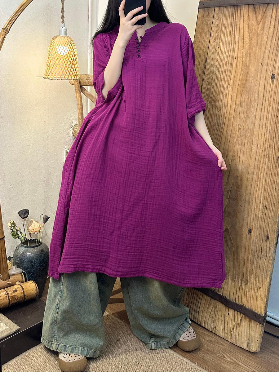 Women Summer Vintage Embroidery Solid Ramie Dress TY1018