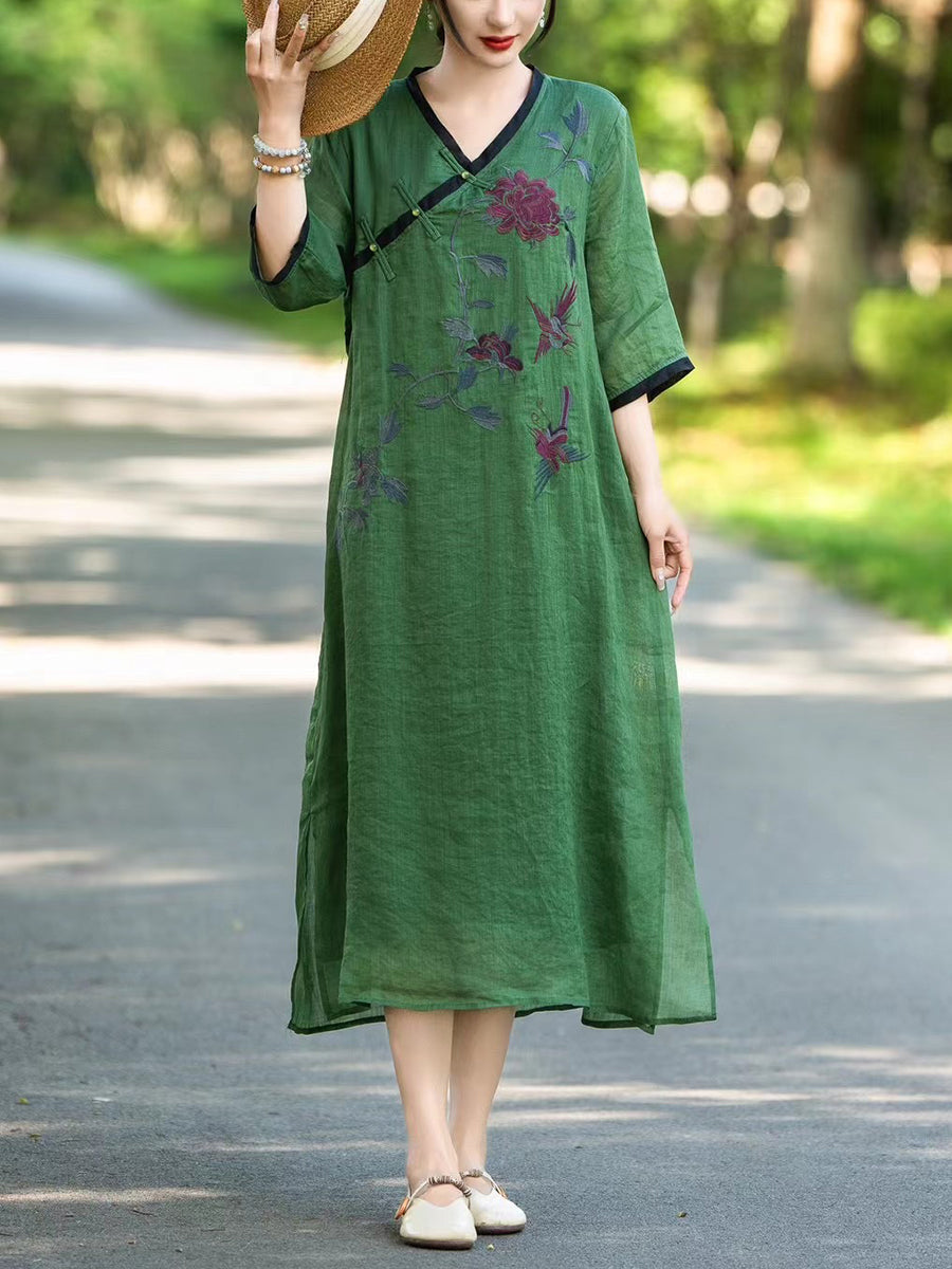 Women Summer Ethnic Flower Linen V-Neck Dress UI1005