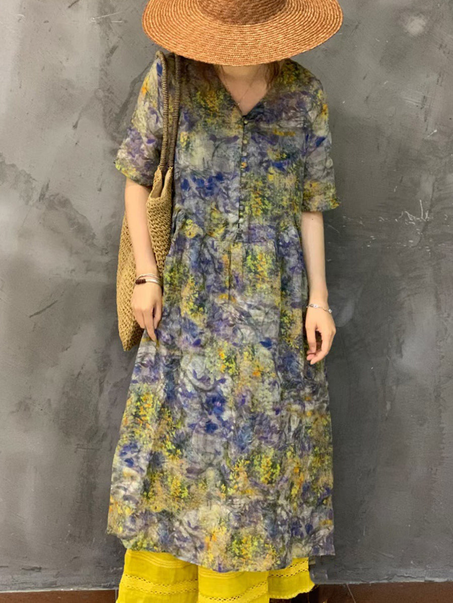 Robe d'été à boutons en ramie à fleurs vintage pour femmes UI1002