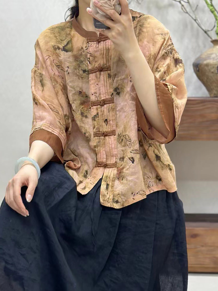 Women Summer Vintage Flower Spliced Button-Up Ramie Shirt IO1008